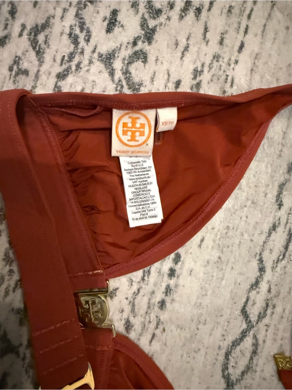 Tory Burch Rust Red Triangle Bikini with Gold Logo Accents - Picture 4 of 4